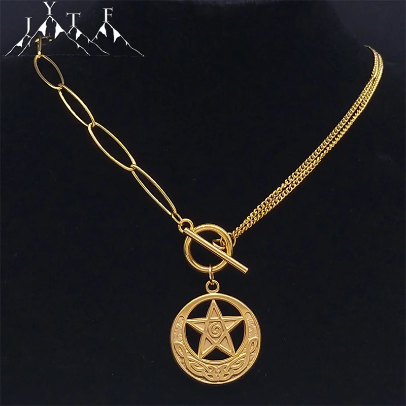 Hip Hop Pentacle Pentagram Star Crescent Necklaces Stainless Steel Gold Color OT Buckle Necklace Kpop Punk Jewelry Gift NXH826S0