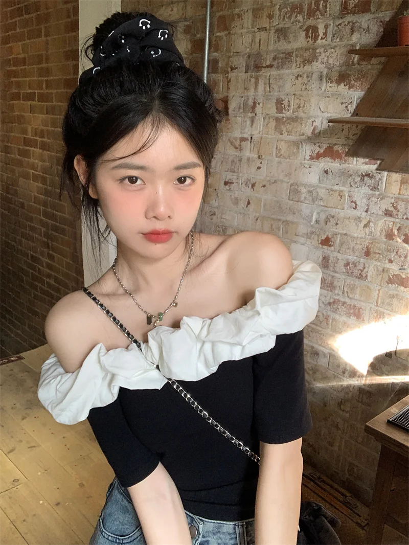 

French Ruffle off shoulder black short T-shirt women's summer collarbone off shoulder short sleeve sweet Spice Girls chic top