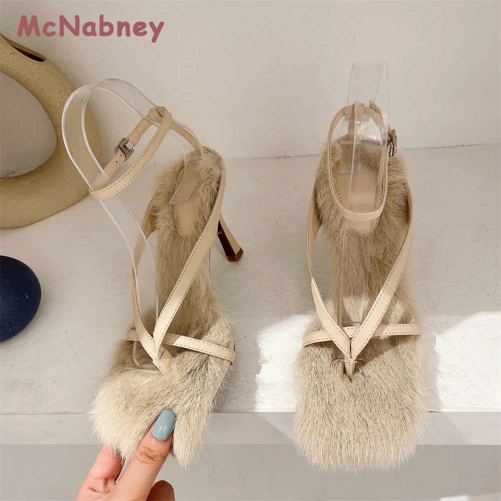 Summer Thin Heel Sandals Women Square Toe Fur Flip Sandals Wedding Dress Shoes Fashion Buckle Strap Stiletto Heels Peep Toe Sexy