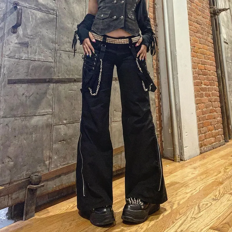 

Y2k Women's Gothic Printed Punk Style Cargo Trousers Low Rise Wide Leg Pants E-girl Grunge Women Vintage Chain Pant Streetwear