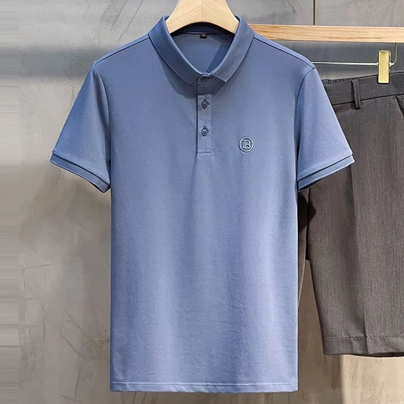 

Fashion Letter Logo Solid Polo Shirts Mens Summer Short Sleeve Buttoned Turn-down Collar Pullover Tops Casual Loose Tee Mens Top