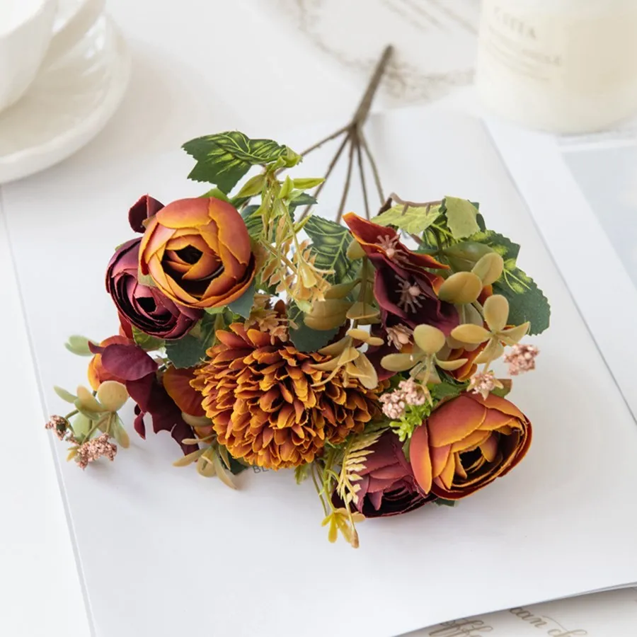 

Искусственные цветы, букет чайных роз, искусственная ваза для домашнего декора, Рождественская гирлянда, свадебная шелковая Гортензия, искусственные цветы