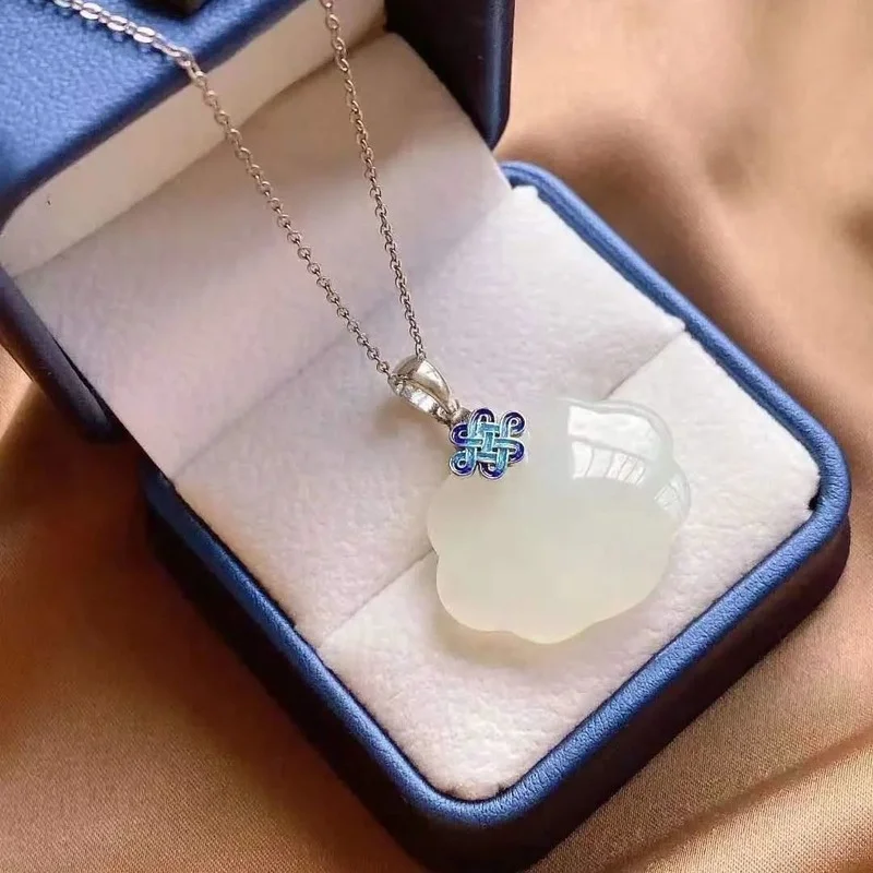 

S925 Sterling Silver Hetian jade necklace women's natural burning blue Chinese knot pendant women's best safety lock longevity