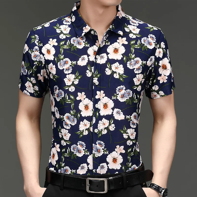 

Гавайская пляжная рубашка с цветочным принтом 2022, мужская Свободная Повседневная рубашка Bingbing с коротким рукавом и отворотом