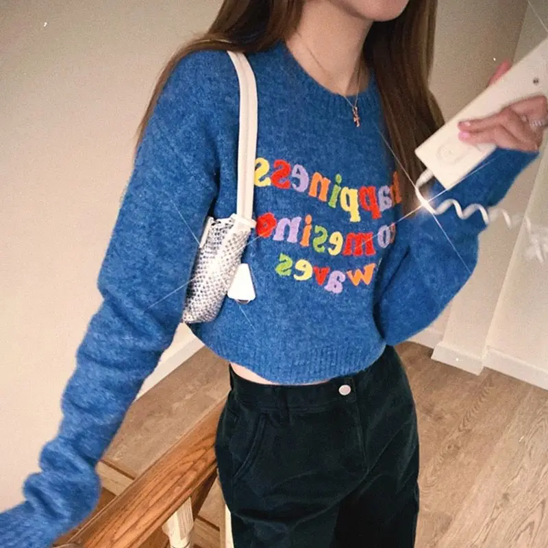 

Vintage Cute Rainbow Letter Embroidery Blue Crop Top Sweater Women Girls Kawaii Clothes Korean Harajuku Loose Casual Winter Top