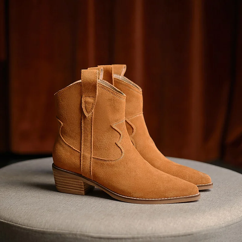

Winter Classic Chelsea Boots for Woman Real Suede Pointy toe Wedges heel Ankle Boots Simple Comfortable Cowboy Boots female
