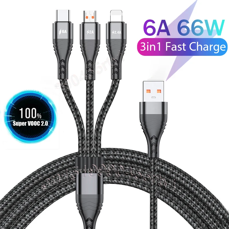 

3in 1 6A 66W Super Fast Charging USB Cord Cable 8 Pin Micro USB Type C Phone Charger For iPhone Samsung Huawei Xiaomi Cable Wire