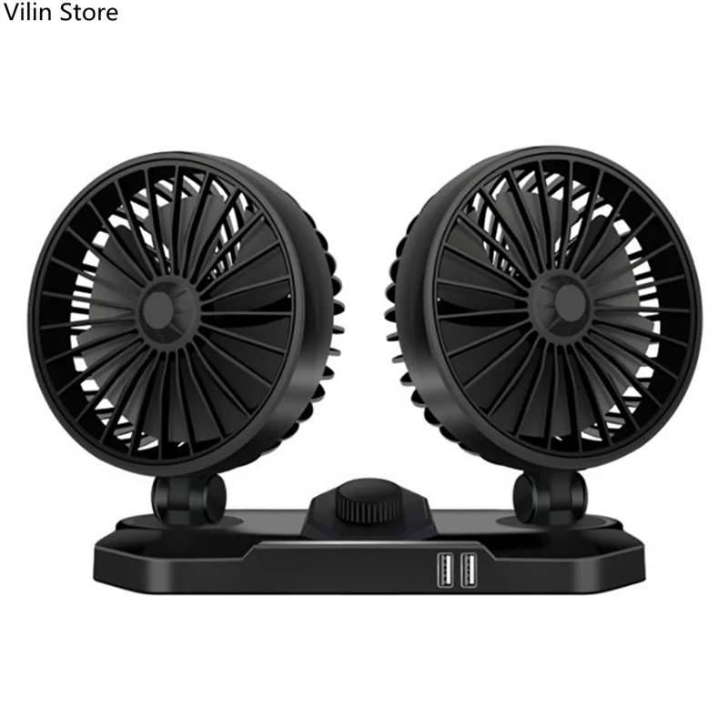 

360 Degree Rotatable Car Fan 12V DC Fan 2 Speed Dual Head Car Fans Cooler With 2 USB Output Port For Truck,Auto,Off-Road
