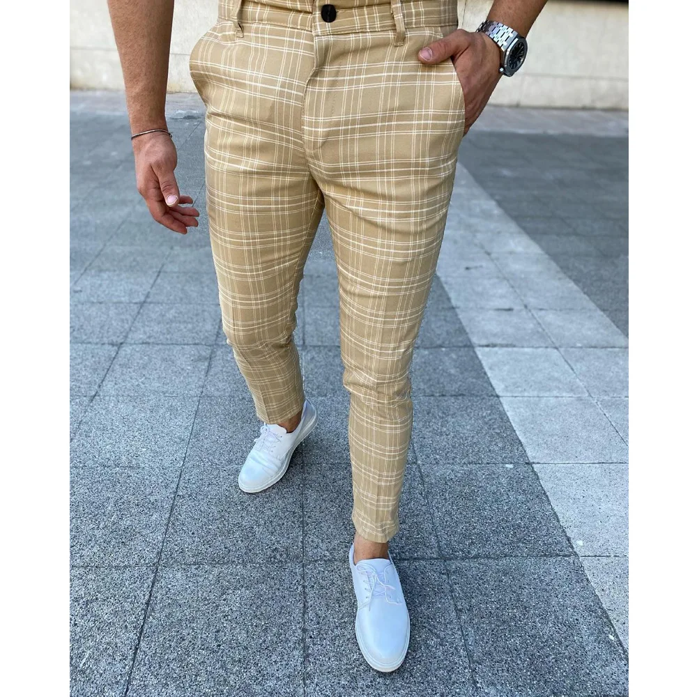

2023 Men Clothing Hot Men's Pants Business Plaid Slim Spring Autumn Mid-rise Checkered Pattern Pencil Pants For Male Street Wear