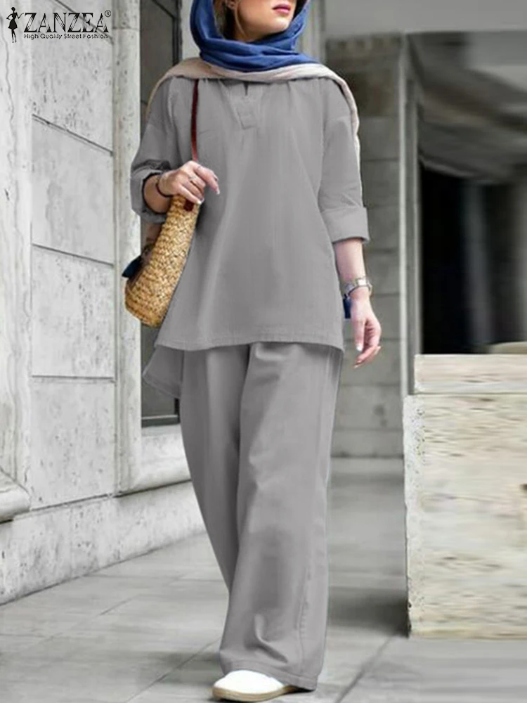 

Vintage Long Sleeve Blouse Suit ZANZEA Autumn Turkish Blouses Causal Loose Pants Set Solid Islamic Clothing Muslim Abayas Sets