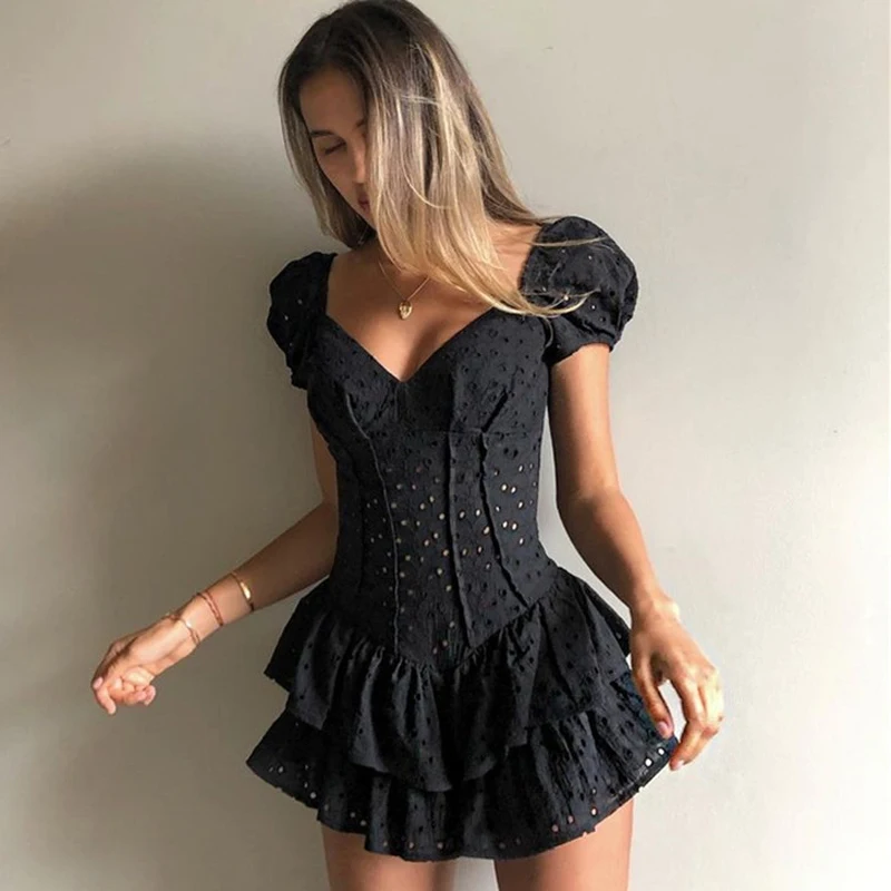 

Spring Summer Fashion V Neck Sexy Ruffles Pleated Dress Women Puff Sleeve Chic Mini Dress Hollow Out Black Party Dress New 2022
