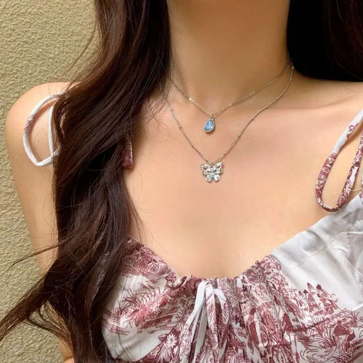 

New Blue Water Drop Butterfly Zircon Layered Pendant Necklace Simple Cold Wind Double Chain Necklace Jewelry Wholesale