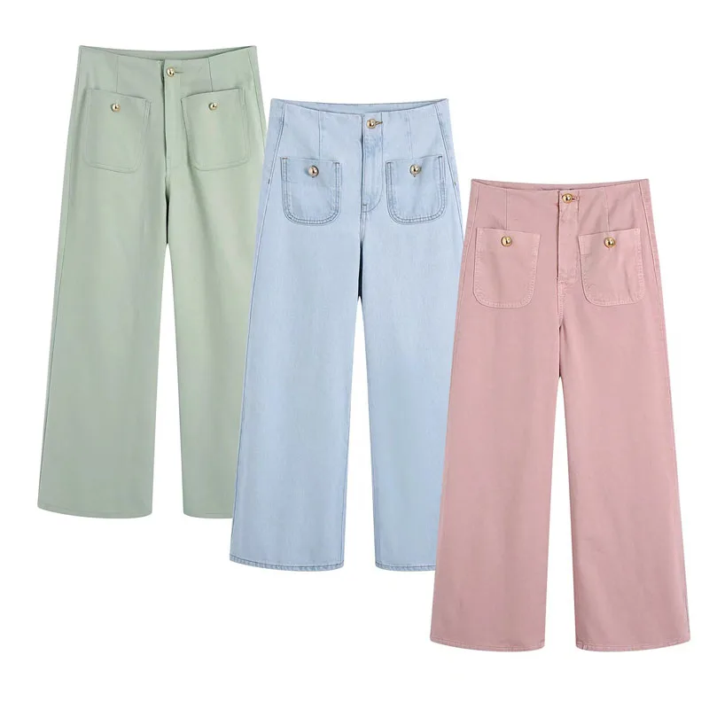

Summer women's casual solid color button-embellished loose wide-leg jeans