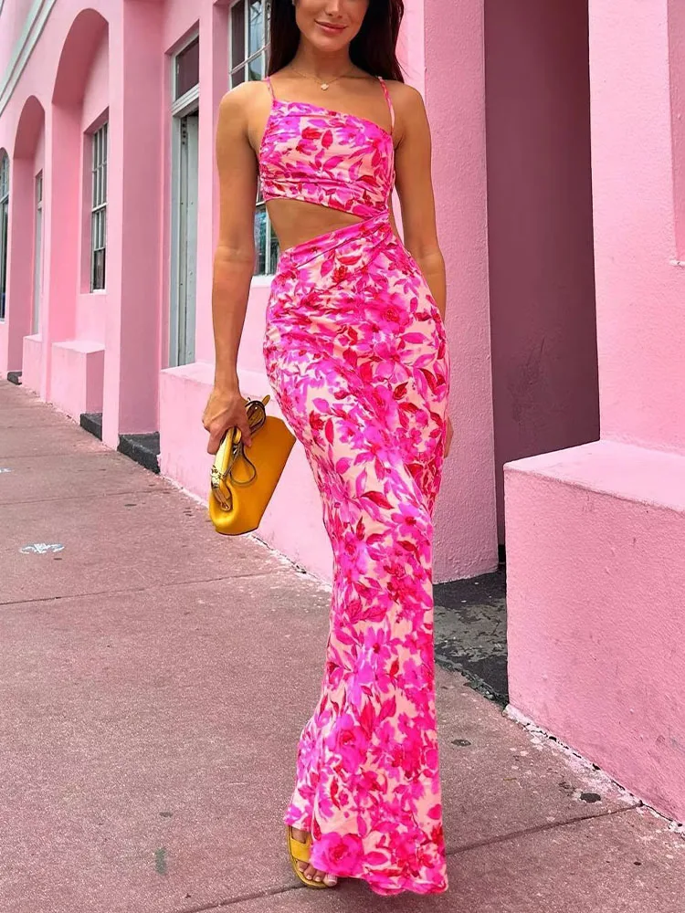 

New Women's Clothes Summer 2023 Slim Slim Fashion Versatile Versatile French Waistless Vacation Sling Printed Dress