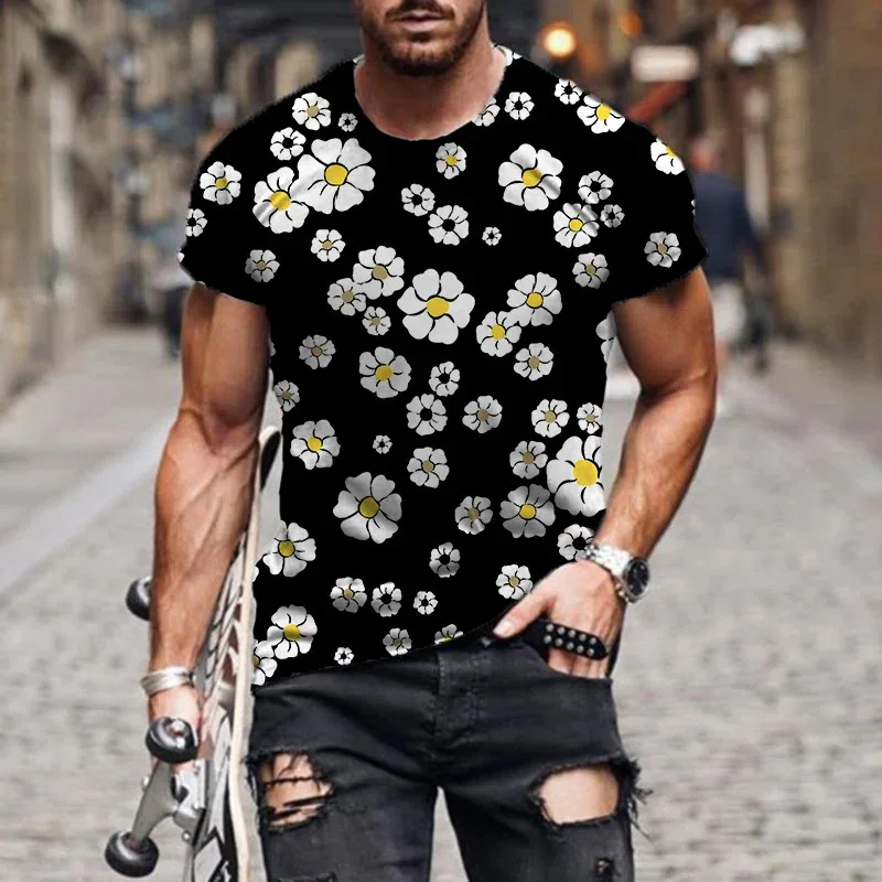 

2022 Summer New Mens Daisy Printed O Collared Trendyol T Shirt Oversized Vintage Short Sleeve T Shirts For Men Poleras De Hombre