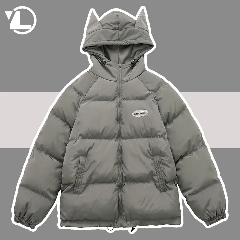 Retro Parkas Men Winter Solid Color Hooded Little Devil Horn Designer Padded Jacket Hip Hop Harajuku Puffer Bubble Outwear Coats