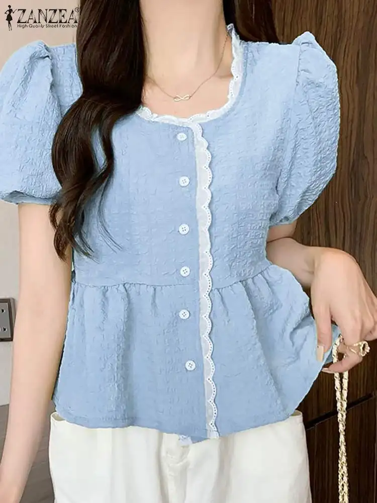 

Holiday Casual O Neck Tunic Blusas Women 2022 Summer Solid Ruffle Shirts Elegant Short Sleeve Blouse ZANZEA Fashion Lace Up Tops