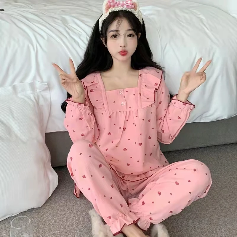 

2 Piece Women Set Spring Autumn Long Sleeve Pajamas for Woman Princess Sleepwear Sweet Princess Style Leisure Girls Pajama Set