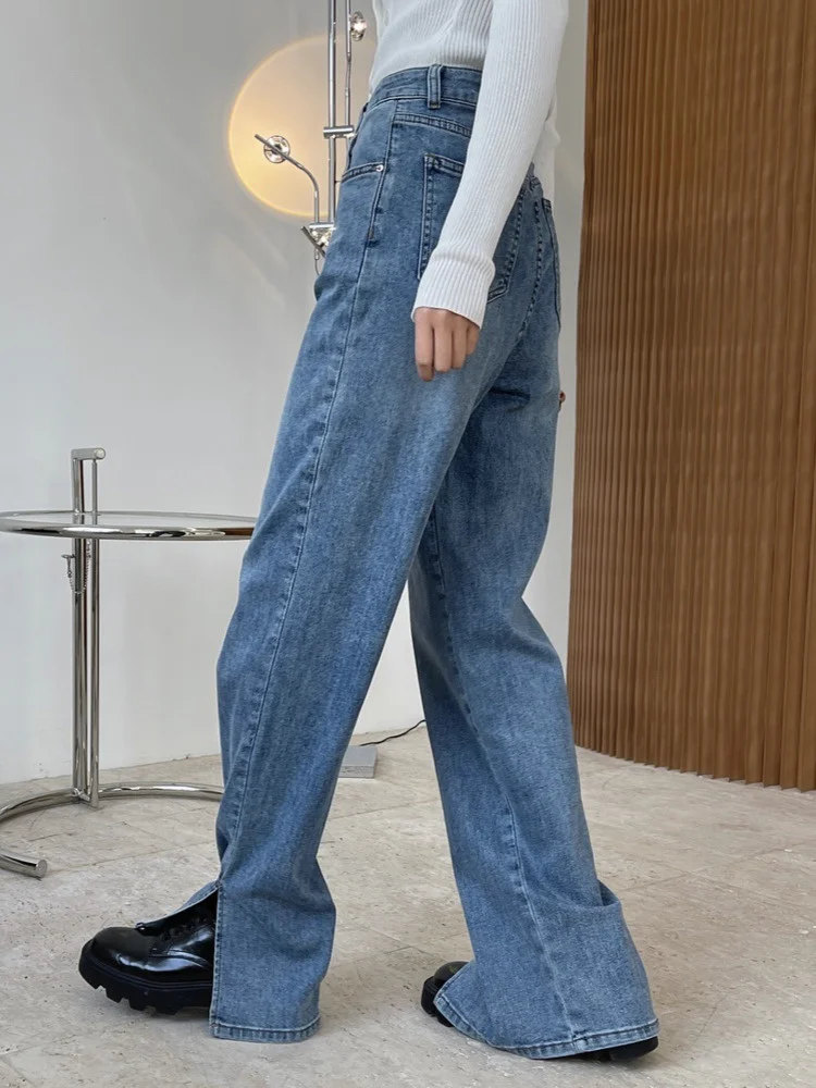 

Women Slim High Denim Pants For Waist Korean Fashion Split Straight Trousers Female Clothing 2023 Spring New