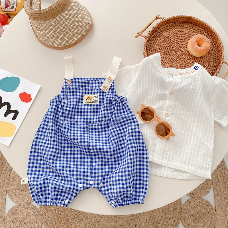 

Baby Boy Girl Clothes Short Sleeve White Shirt Tops Plaid Bear Suspender Pant Loose Overalls Outfits Summer Clothing Set