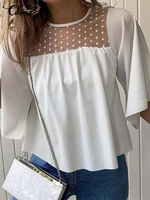 celmia 2022 fashion white blouses elegant ruffled half sleeve tunic women lace mesh stitching tops summer street ribbed blusas