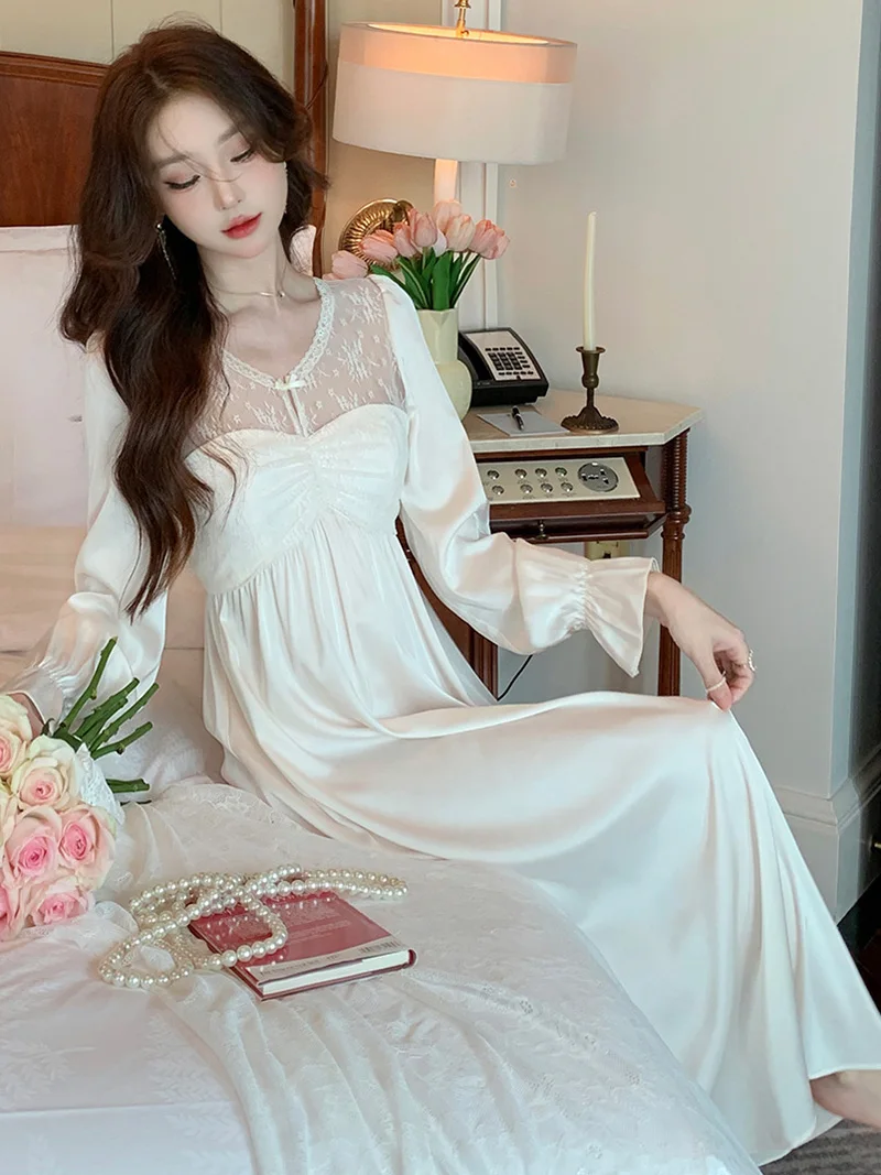 

Women French Long Sleeve Ruffles Pajama Nightdress Autumn French Silk Lace Sexy Princess Nightgowns Sleepwear Nightwear