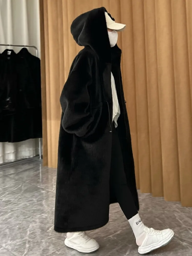 Winter Blue Color Drawstring Waist Warm Hooded Long Faux Fur Coat Casual Long Sleeve Oversized Women Fur Jacket Loose Outwear