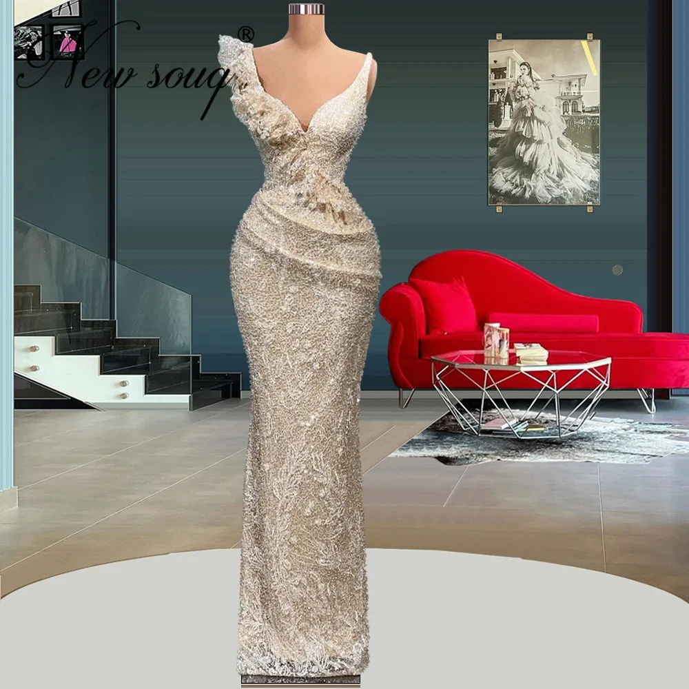 

Vestidos De Noche V Neck Women Evening Dresses 2022 Dubai Design Fashion Beads Sequins Prom Gowns Plus Size Wedding Party Dress