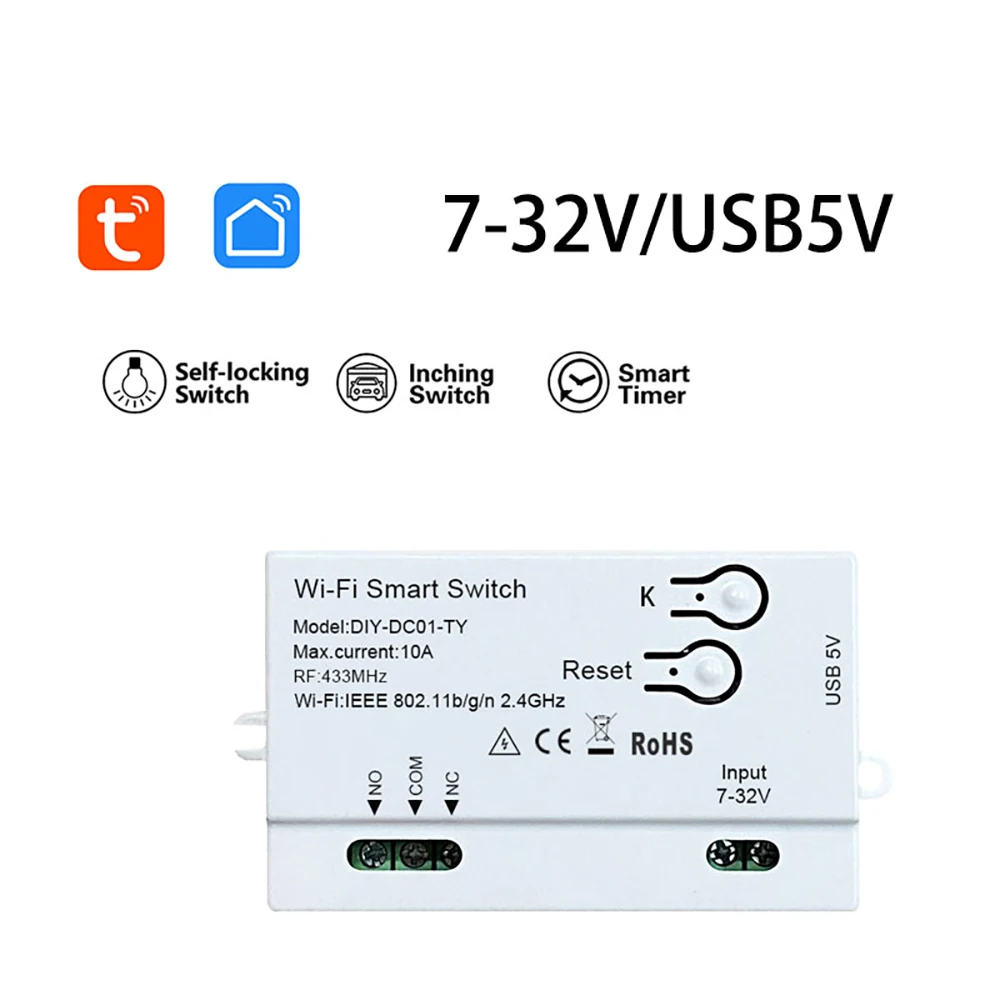 Умный выключатель Tuya с Wi-Fi, управление через приложение, 1 канал, 2 канала, 4 канала, 7-32 В постоянного тока, 85-265 В переменного тока, USB, 5 В, бытовые электроприборы с функцией включения и выключения, для Alexa