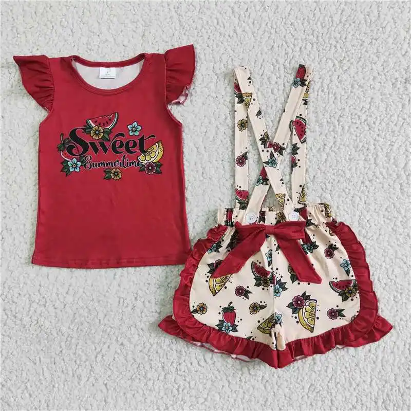 

Baby Girl Sweet Summer Time Clothing Children Summer Wholesale Toddler Watermelon Strawberry Suspender Skirt Kids Outfit Red Set