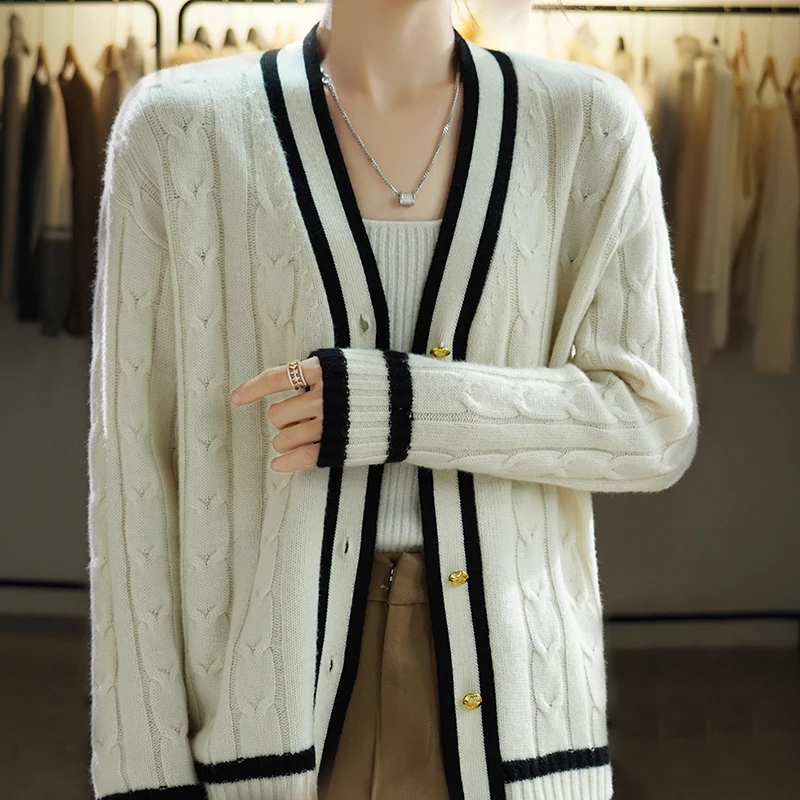 

2022 New Women's V-neck Knitted Cardigan Autumn And Winter Thickening Color Blocking Jacquard Sweater Loose Comfortable Warm Top