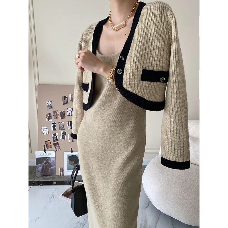 

Dress knit cardigan two-piece set 2022 autumn winter new fashion slip skirt soft slimming sweater dress set