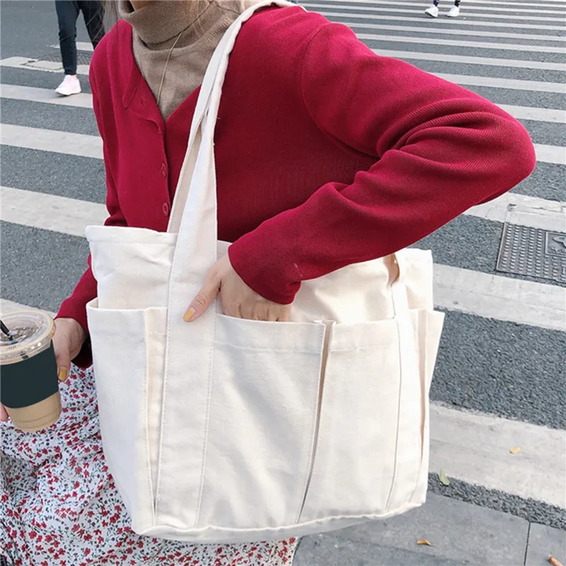 

Новая Холщовая Сумка с несколькими карманами, женская школьная сумка-тоут, повседневная сумка с ручками для подростков, вместительная сумка-тоут для покупок