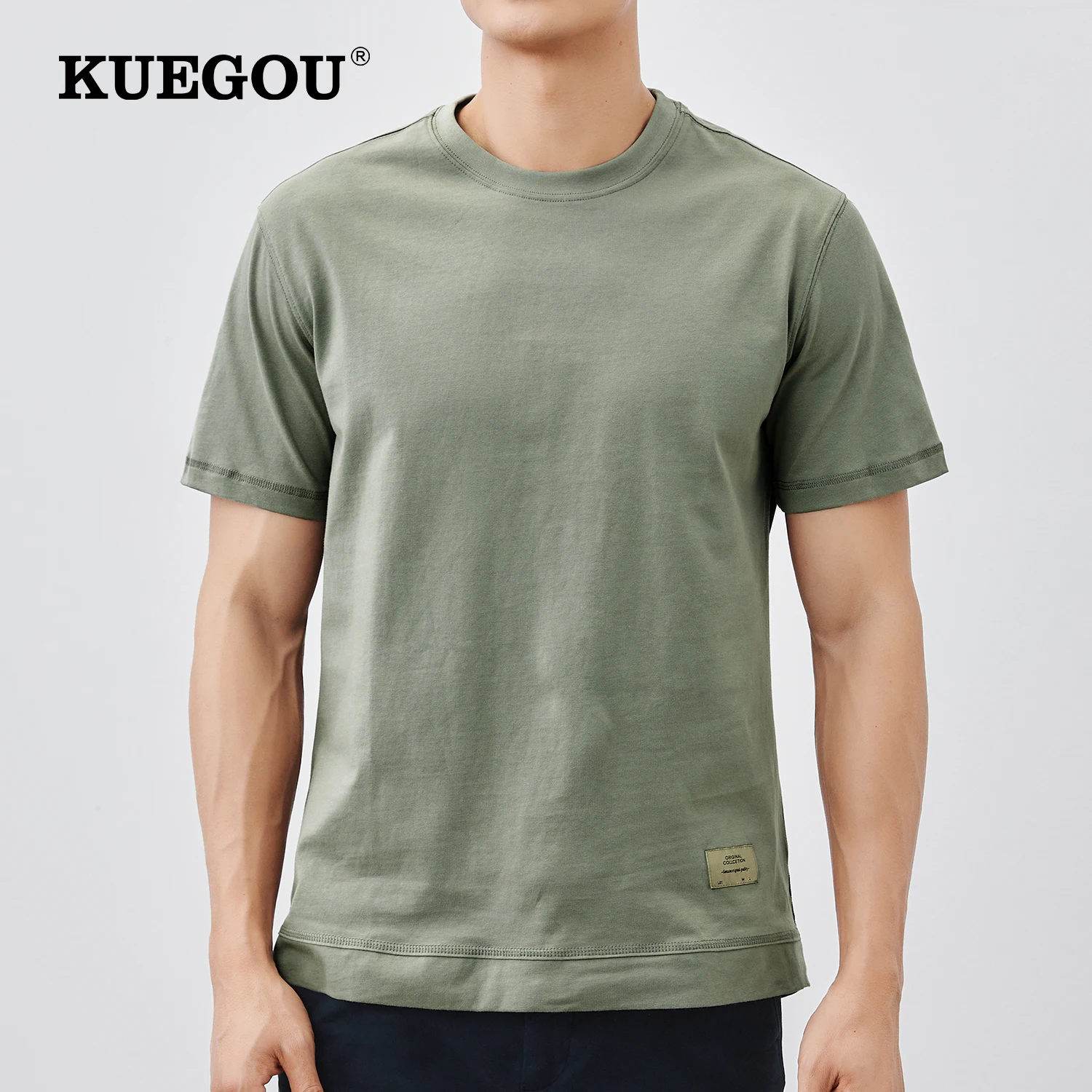 

KUEGOU Cotton Lyocell Clothing Men's Short Sleeve T-shirt Fashion High Quality Solid Colour Tee Summer Green Top Patchwork 6489