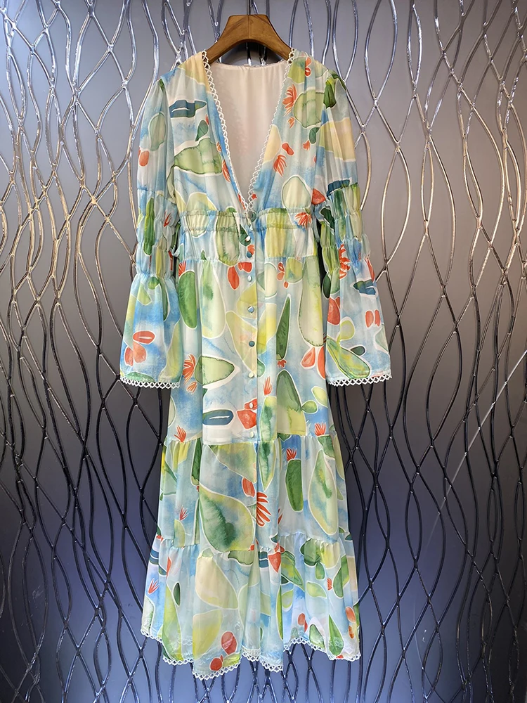 

Green Fruit Print V-Neck Shirring Drawstring Women Long Dresses Sull Sleeves Spring Casual Midi Dress Clothes Size XL