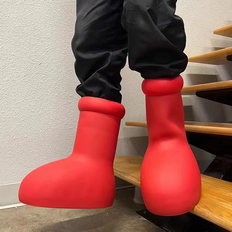 Children's Big Red Boots Thick Bottom Round Toe Rain Boots Flat Rubber Sole Slip-On Cartoon Boots Boys And Girls Fashion Shoes