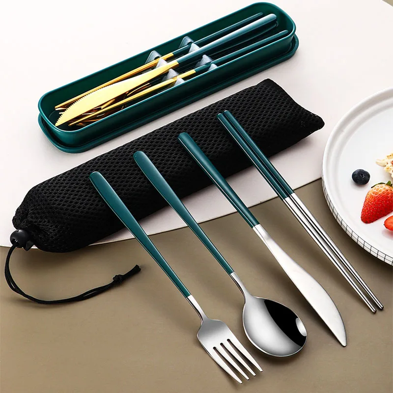 

304 Dinnerware Set Golden Eco Friendly Dish Carry Travel Cutlery Set With Box Stainless Steel Four-pcs Set Kitchen Accessories