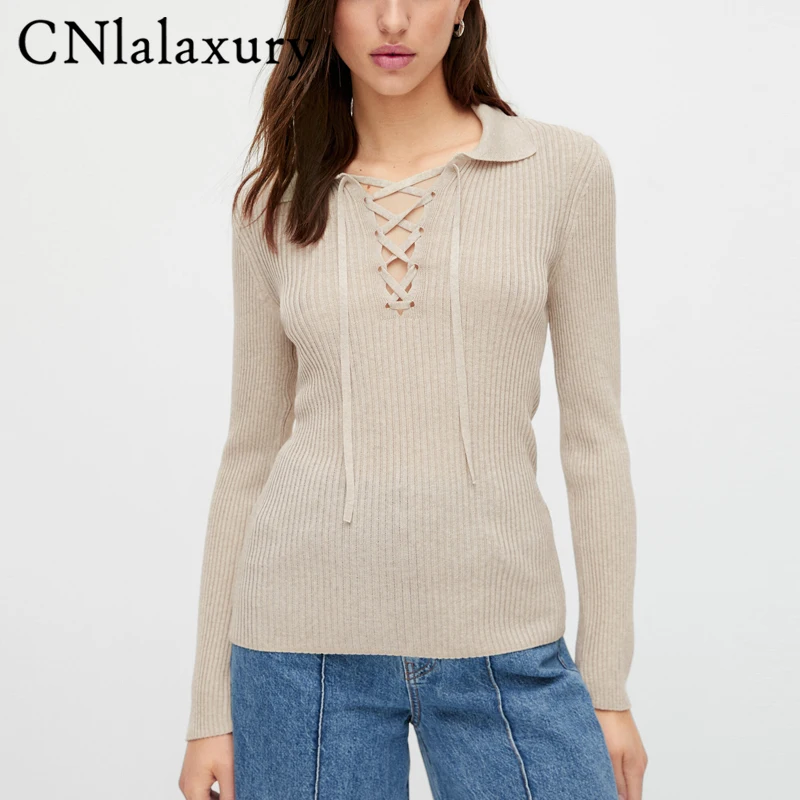 

CNlalaxury Woman POLO Collar Knitted Sweater Long Sleeves Autumn Pullover Thin Top Frenulum Solid Color Chic Sweaters Female