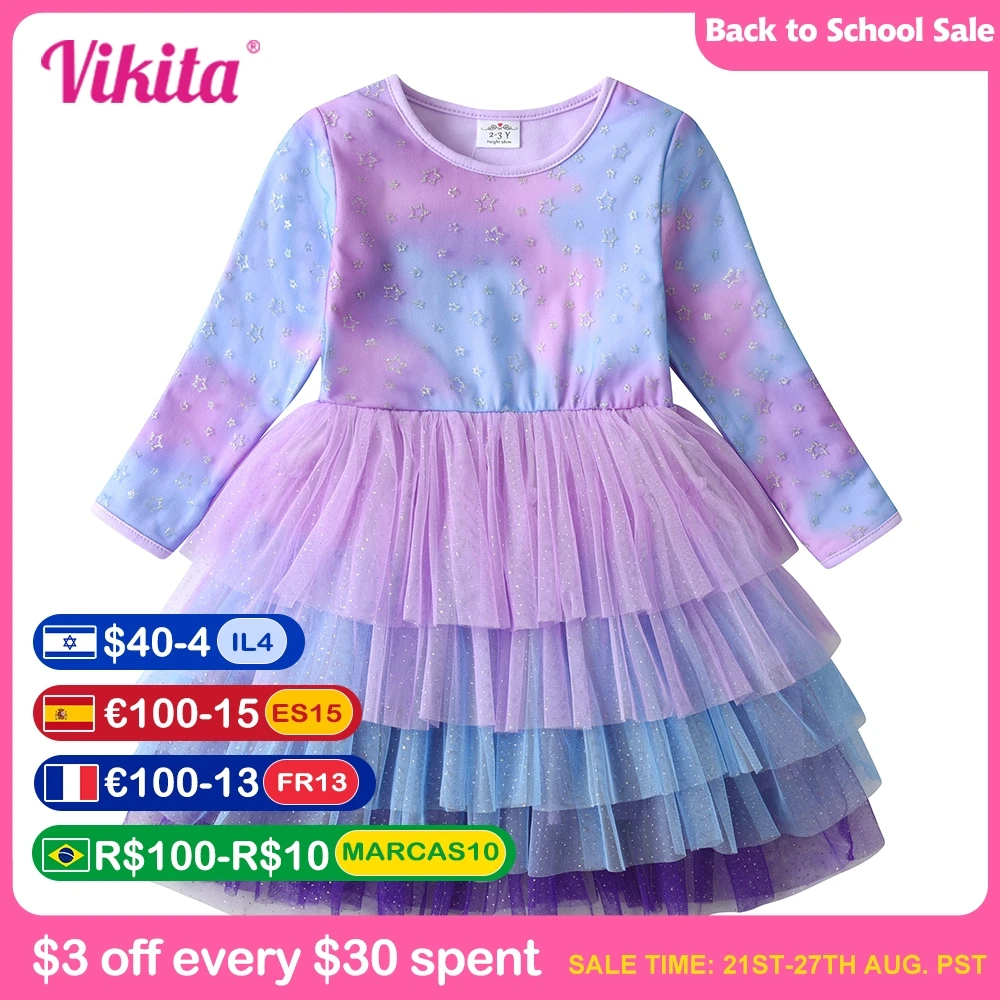 

VIKITA Kids Star Print Dress Girls Performance Birthday Party Prom Gown Stage Cake Layered Elegant Princess Dress Kids Costumes