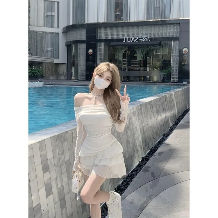 Милые универсальные футболки с открытыми плечами и длинным рукавом +