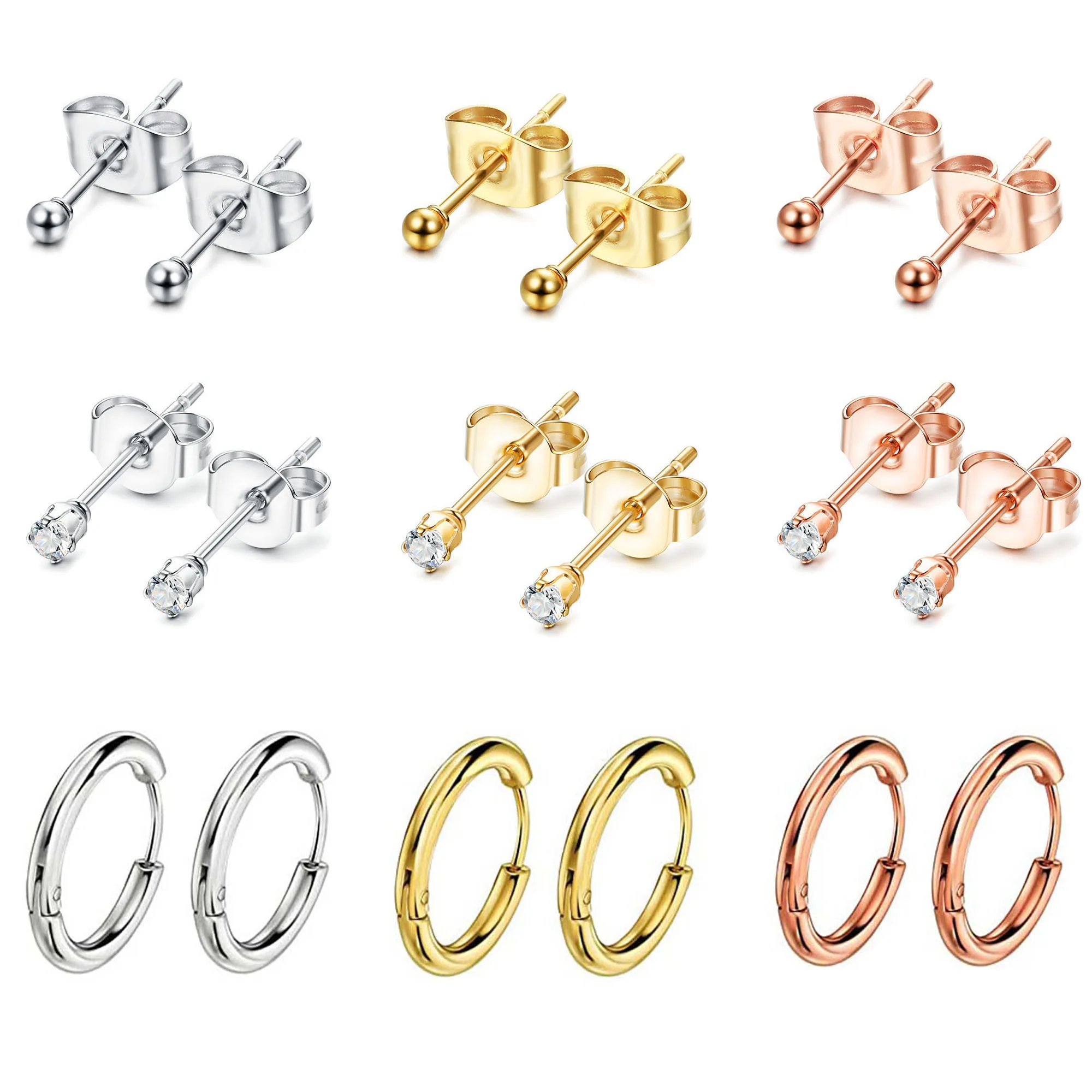 

9 Pairs Stainless Steel 2mm Tiny Stud Earrings for Women Mens Endless Hoops CZ Balls Cartilage Earrings Set Silver Gold