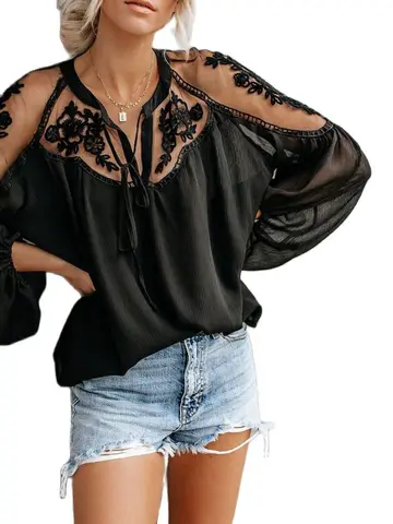 Women's blouse 2023 spring and summer new solid color chiffon shirt women's shirt loose V-neck sexy lace shirt