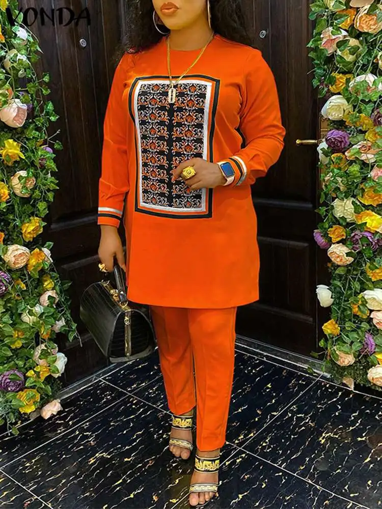 Элегантные женские брючные комплекты размера плюс 5XL VONDA с богемным принтом Топ