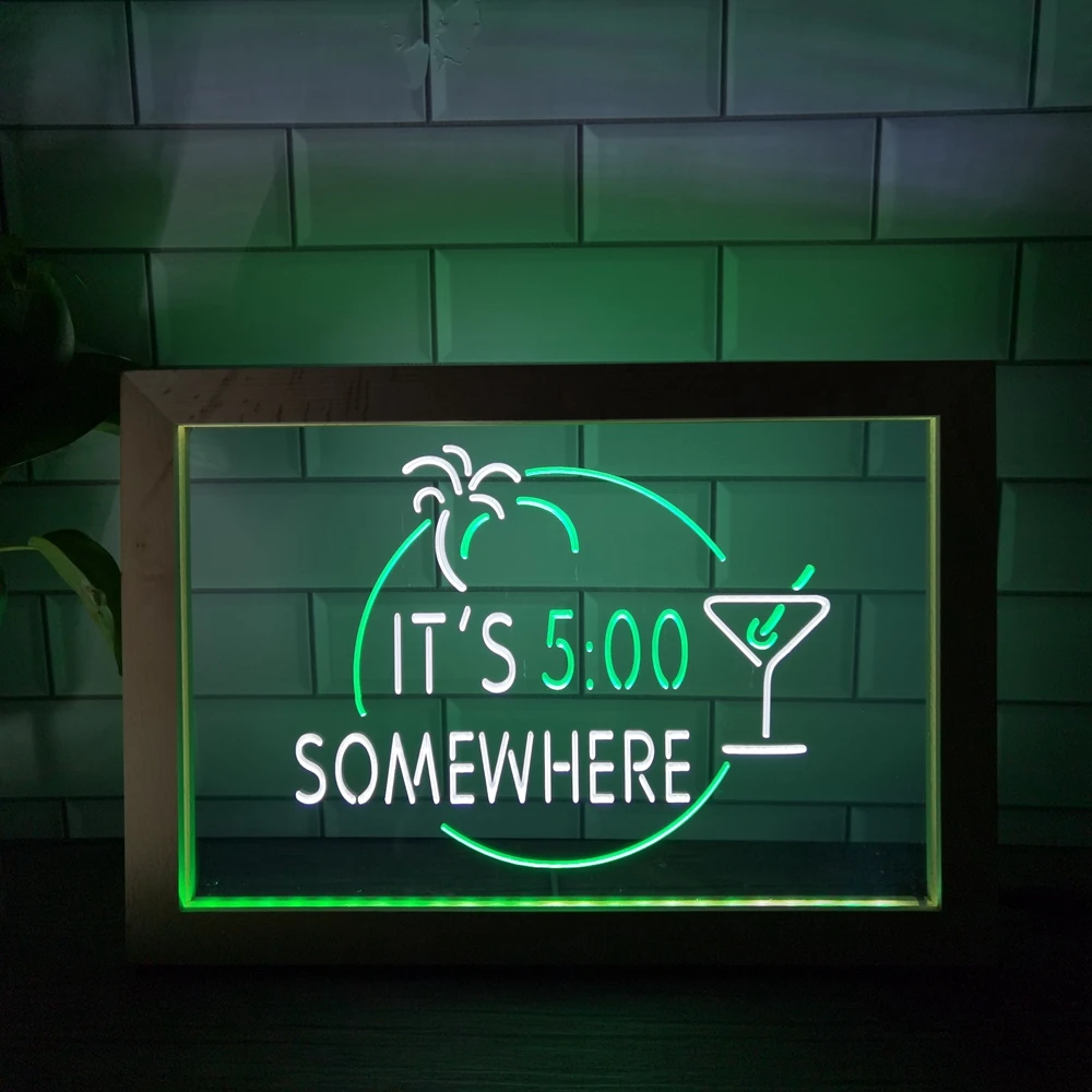 

It's 5 Pm Somewhere Bar LED Neon Sign Photo Frame Creative Table Lamp Bedroom Desk Wood 3D Night Light