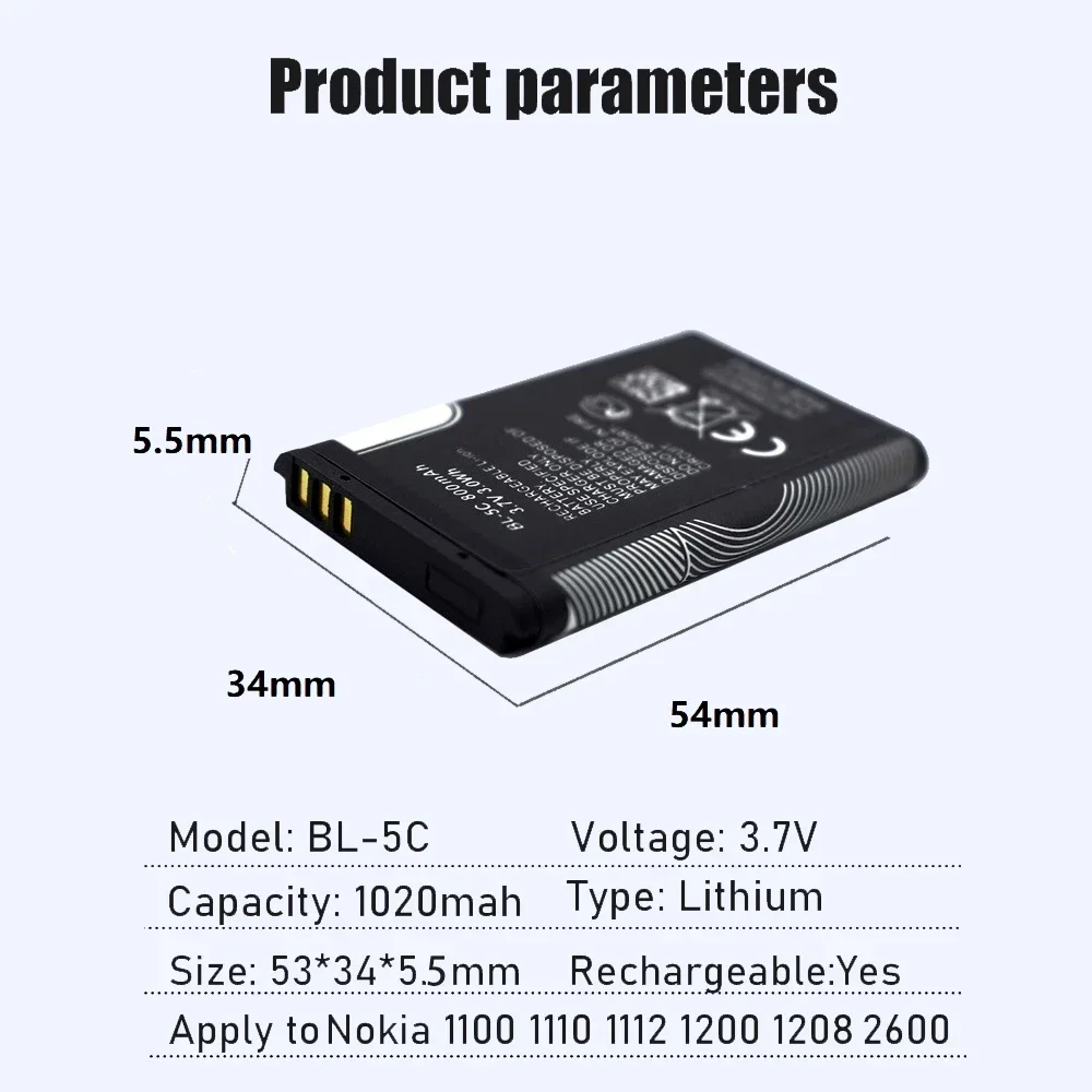 Фото Аккумуляторы для Nokia Radio Phone 3,7 В 1020 мАч, аккумуляторная батарея BL-5C BL5C 1100 1110 1200 1208 1280 2600 2700 3100 3110 5130 №2