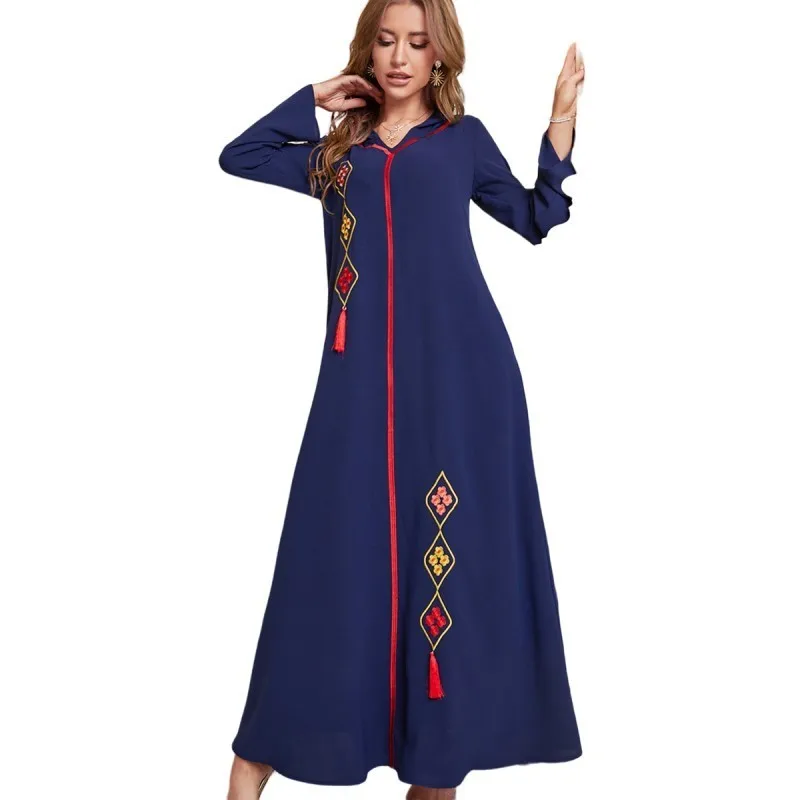 

Plus Size Women's Long Sleeve Embroidery Fashion Hooded Urban Casual Fringe Ethnic Dress Muslim Temperament Elegant Robes 3XL