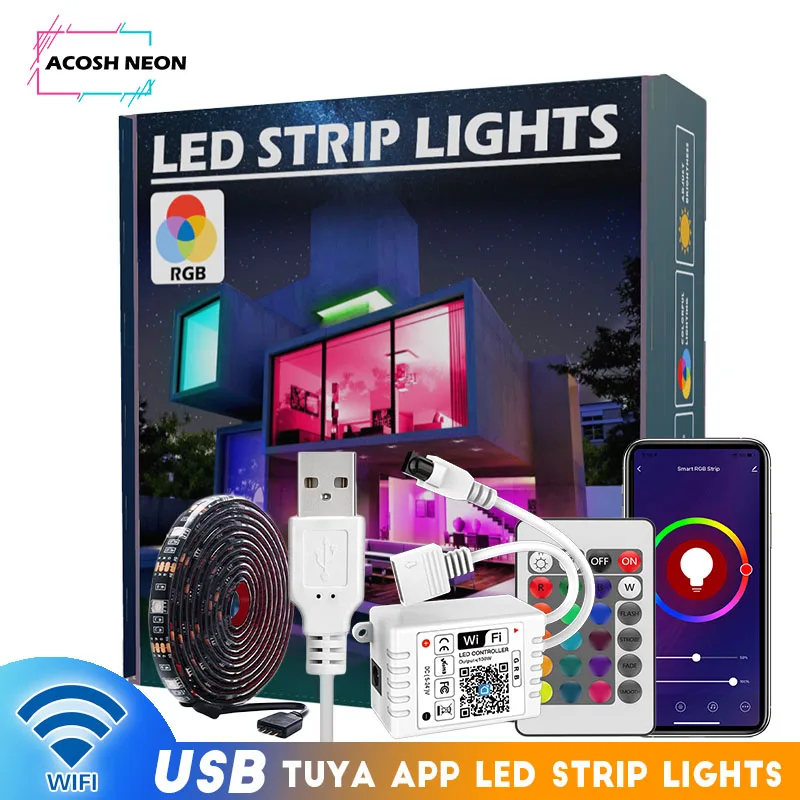 TUYA USB 16.4ft/5m LED Light Strips with 16 Million Colors Changing, 150LEDs Music Sync DIY Colors with 24 Keys Remote Control