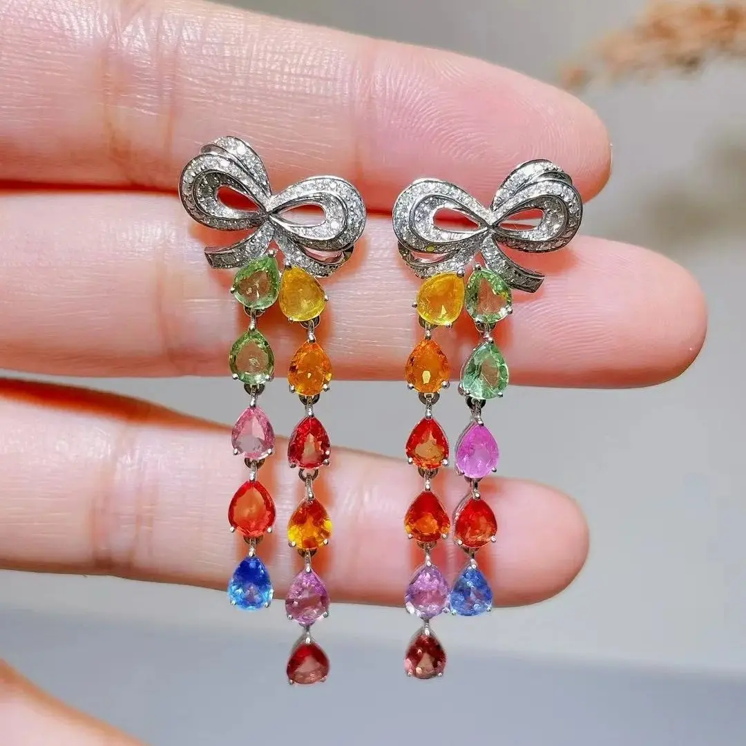 Необычные сапфировые длинные серьги-капельки с кисточками и бантом 18 К белое