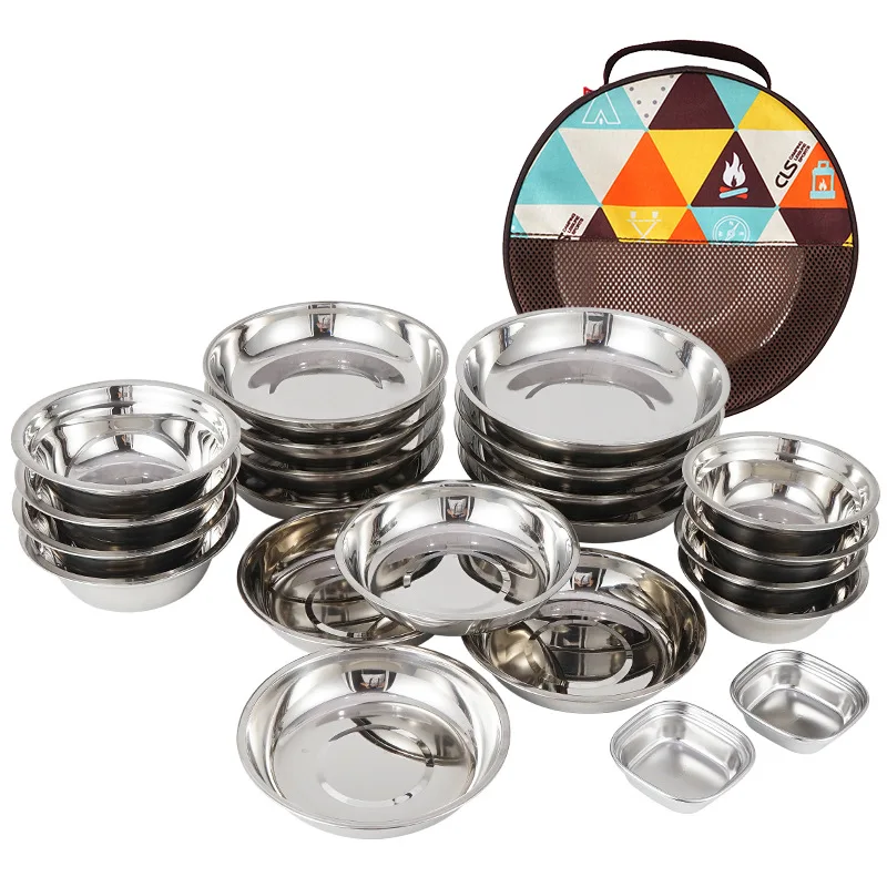 22Pcs/Set Stainless Steel Camping Cookware Portable Tableware Plate Bowl Dinnerware for Outdoor BBQ Picnic Cooking Utensils