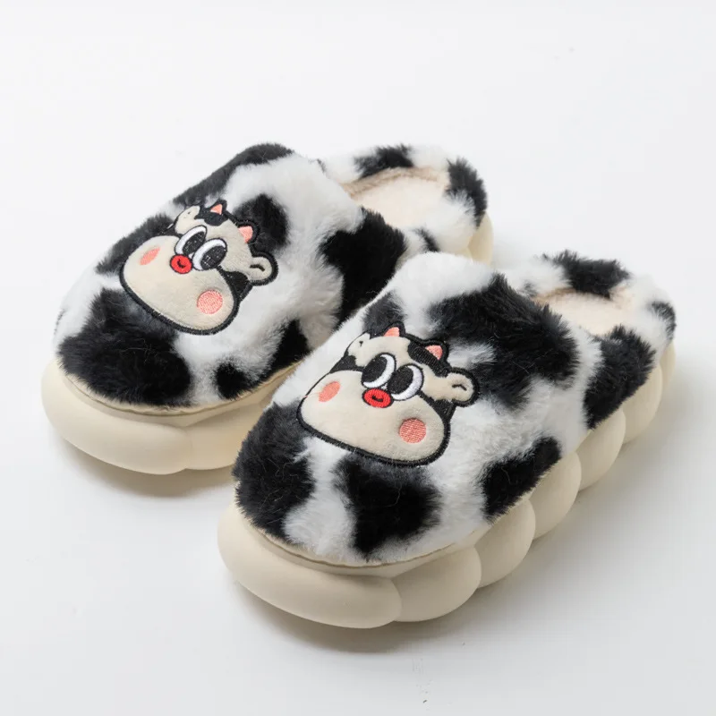 Winter Animal Cotton Slippers Women Design Cute Cow Furry Warm Ladies' Slides Indoor Soft Plush Unisex Memory Foam Platform Shoe